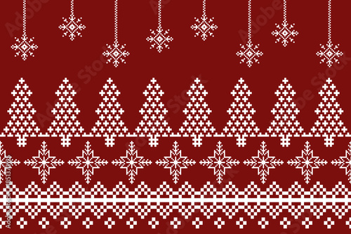 Snowflakes and Christmas tree on pixel pattern for winter hat,jumper,sweater, wrapping,fabric,border,rim,carpets, blankets, towels.