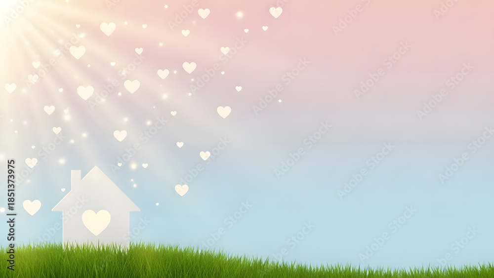 Fototapeta premium Romantic Heart Light Rays Over Green Grass Field Soft Love Background