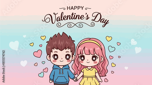 Happy Valentine's Day Cute Anime Couple Holding Hands with Hearts, Whimsical Pastel Background for Romantic Gifting and Greeting Art
