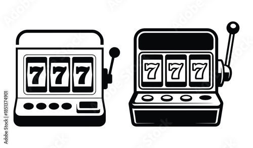 Slot Machine, Lucky Triple Seven, Slot machines showing a triple seven jackpot win, Casino Game Clipart, Classic slot machine Icon, silhouette, gambling, Graphic art vector illustration