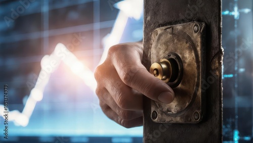 Hand turning a vintage brass knob with a glowing futuristic interface in the background.
