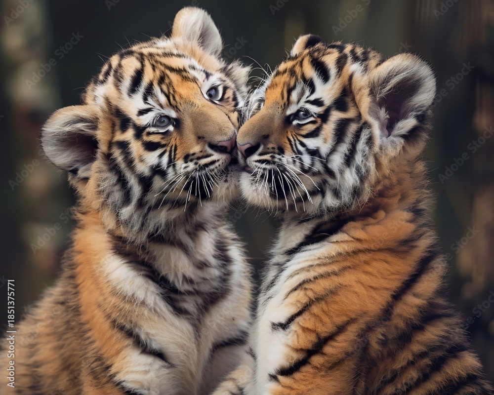 Obraz premium Tiger cub biting gently sibling ear playful mood cinematic warm grading hyper realistic texture 8k proportionate anatomy plain neutral background raw DSLR photo natural daylight lifelike sharp detail
