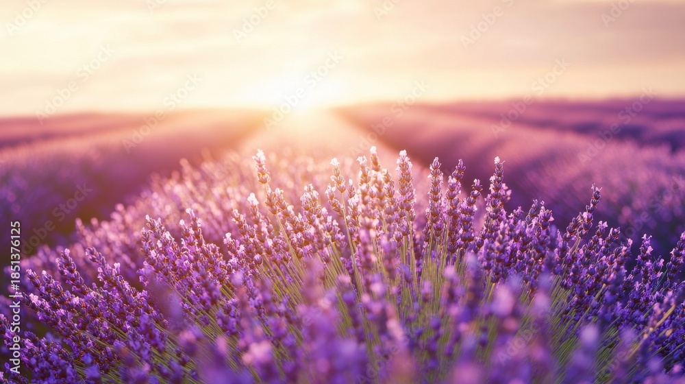 Obraz premium Lavender fields bloom under the warm light of the setting sun, filling the air with fragrance and showing vibrant colors of nature in the evening