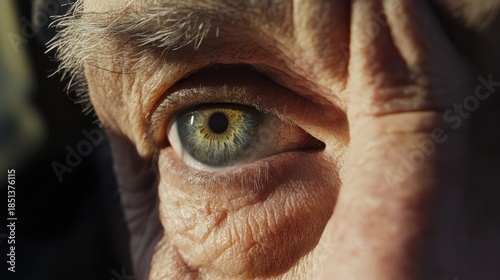 An older man gazes ahead with focus, his eyes showing a life filled with memories. The setting suggests contemplation and a deep connection to his past