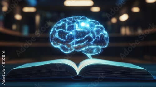 A book lies open on a table in a library. An AI brain floats above the pages, symbolizing knowledge and technology blending together