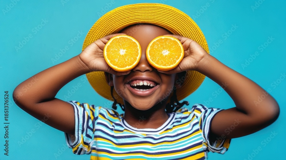 custom made wallpaper toronto digitalChild shows happiness while playing with two oranges in front of the face. The child wears a yellow hat and a striped shirt. The background is bright blue