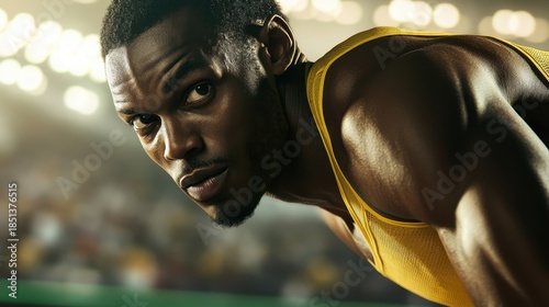A Jamaican male sprinter takes his position before a race at a professional running event held in a stadium filled with spectators