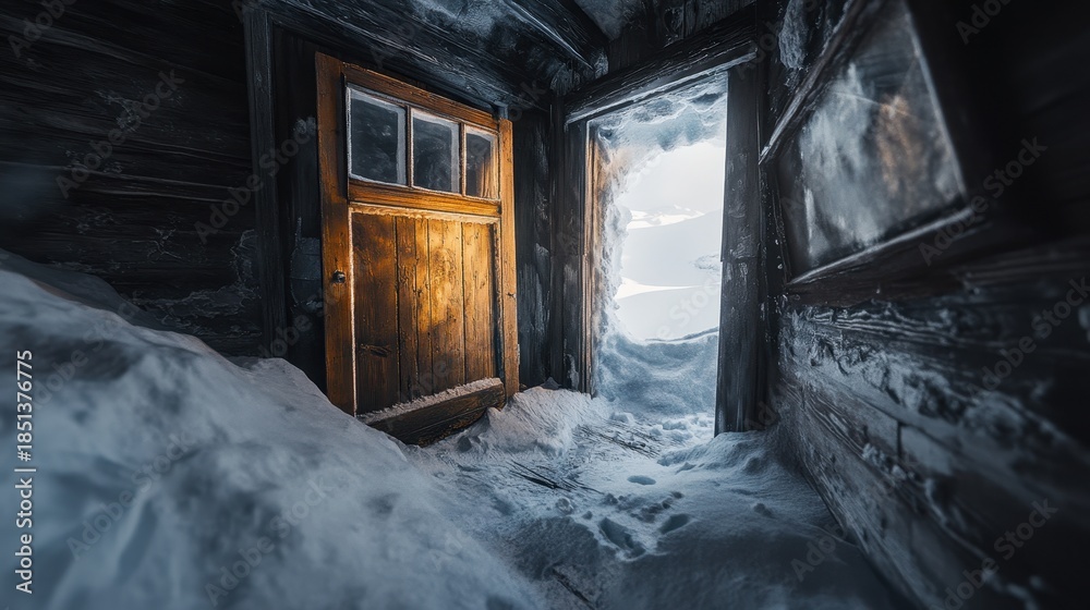 Obraz premium An abandoned wooden structure is buried in snow. The door is half open, and cold air fills the space. Light shines through the opening. Ice surrounds the area