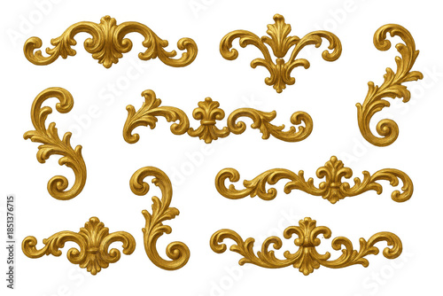 Golden baroque ornament set with vintage filigree swirls on a transparent background, decorating frames and borders