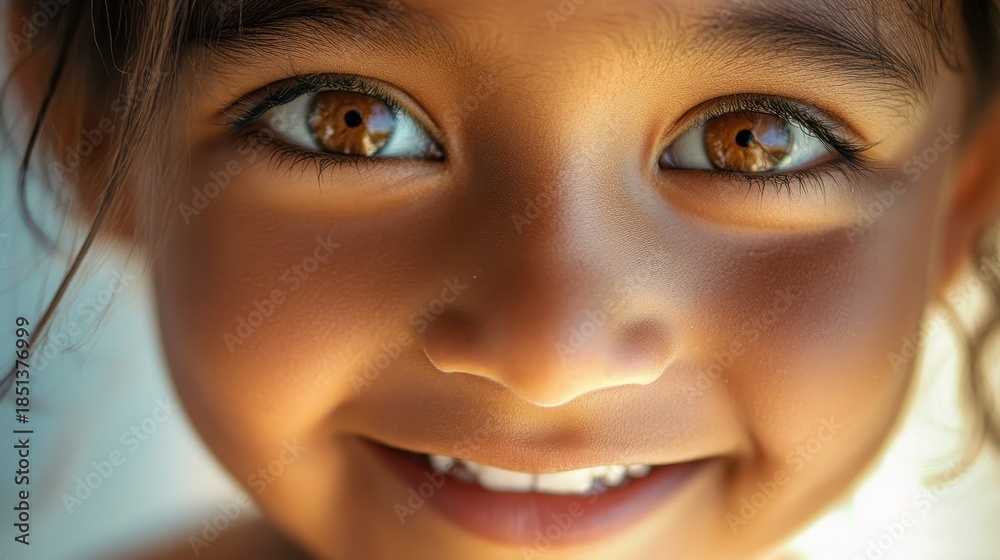 Fototapeta premium A child with warm brown skin smiles happily, showcasing bright brown eyes. The child enjoys a sunny day with a joyful spirit and lively energy