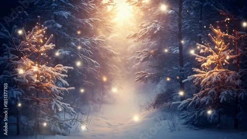 christmas tree in Falling Snow, Christmas festive background, Christmas ambient background, Christmas outdoor background, Christmas tree, ornaments in snow falling, christmas outdoor view