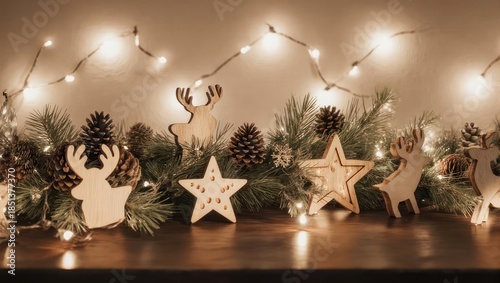 Festive Christmas Garland with Lights and Wooden Decorations.