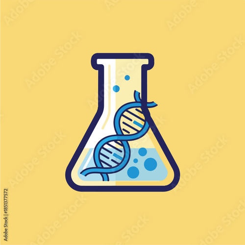 DNA strand inside a laboratory flask representing genetic research and scientific discovery.