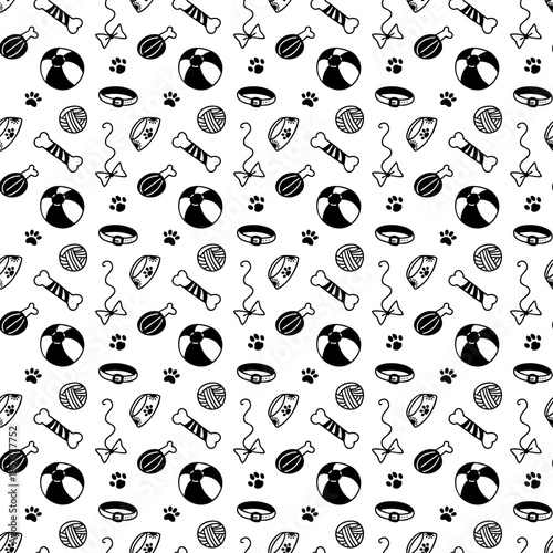 Seamless hand drawn pet accessories pattern with toys, bones, balls and bowls on white background 