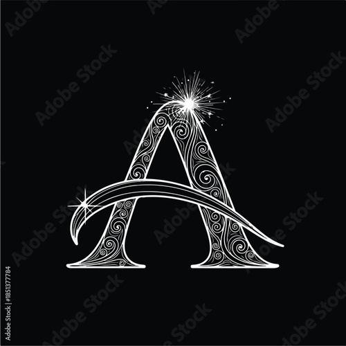 Elegant Ornate Letter A with Swirls and Sparkles on Black Background.