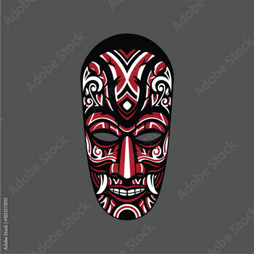 Intricate Red and White Tribal Mask Design.