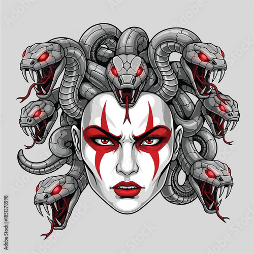 Medusa Head with Snakes and Red Markings.