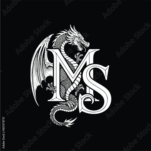 Monogram MS with Dragon Illustration on Black Background.