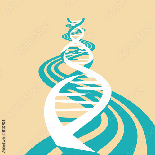 Stylized DNA double helix with flowing teal ribbons on a beige background.