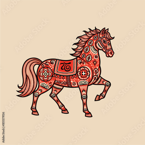 Stylized Horse with Intricate Patterns and Ornate Details.