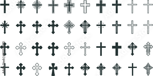Collection of Christian cross symbols – outline and solid icons vector art , Transparent PNG file 