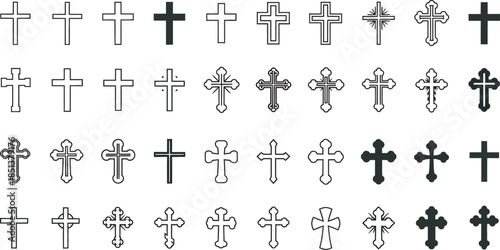 Collection of Christian cross symbols – outline and solid icons vector art , Transparent PNG file 