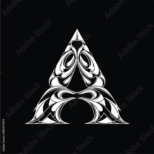Stylized letter A with intricate patterns on a black background.