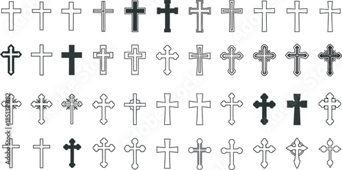 Collection of Christian cross symbols – outline and solid icons vector art , Transparent PNG file 