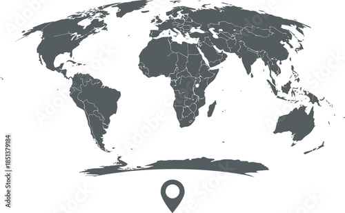 Global Map with a Location Pin Showing Earth's Continents and Oceans