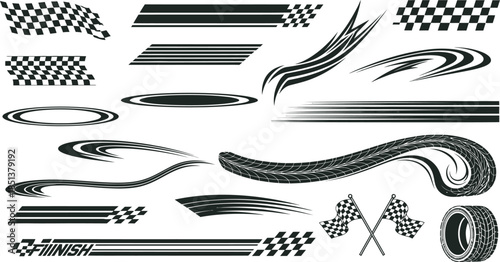 Dynamic Racing Graphics Collection with Checkered Flags, Stripes, and Tire Tracks for Automotive Design