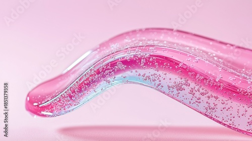 Translucent jelly-like cosmetic gel with glossy surface on pink background  