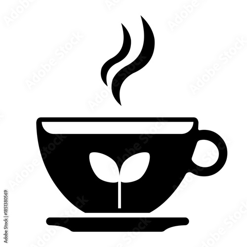 Hot cup of herbal tea with leaves and steam rising on a saucer Black Icon Vector