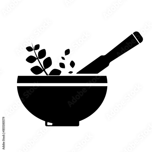 Pestle and Mortar Mixing Herb Bowl Black Vector Icon - Natural Remedy and Cooking concept