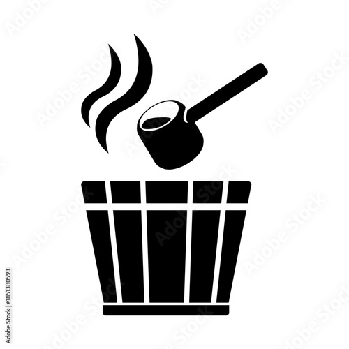 Hot Sauna Bucket and Spoon Black Icon Vector