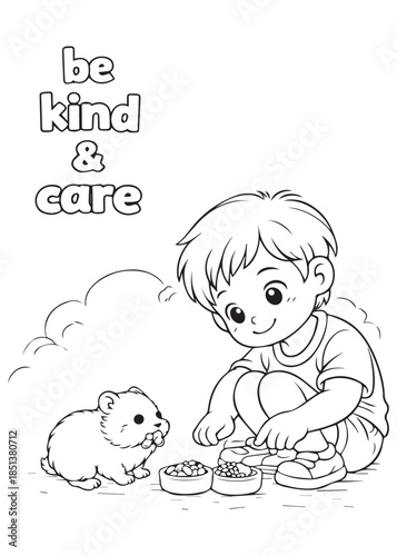 Coloring book Boy feeding a hamster calmly with love