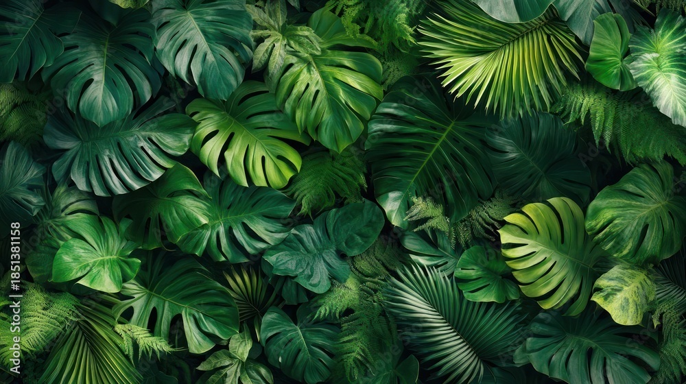 Fototapeta premium Lush Tropical Rainforest Canopy With Diverse Green Leaves And Sunlight Filtering Through In A Vibrant Ecosystem