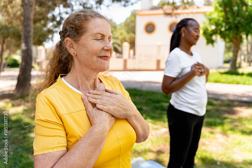 Cuadro en lienzo Diverse senior women friends practicing outdoor meditation with eyes closed in a