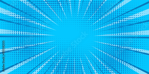 Comic background. Pop art texture. Starburst cartoon style. Anime design with explosion effect for print. Fun dot pattern. Blue backdrop with halftone gradient. Funny line frame. Vector illustration