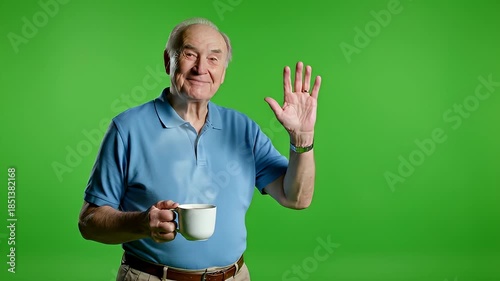 Elderly Man Waving and Smiling with Coffee on Green Screen.