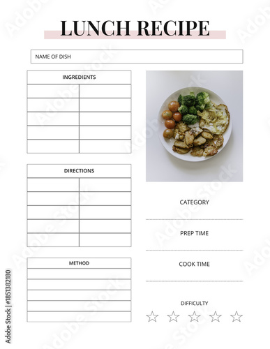 Printable Lunch Recipe Card | Healthy & Easy Lunch Meal Planner | Digital Cooking Template for Daily Meal Prep