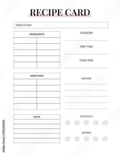 Printable Recipe Card | Blank Cooking & Meal Planner Template | Digital Recipe Sheet for Home & Kitchen
