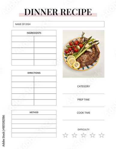 Printable Dinner Recipe Card | Healthy & Easy Dinner Meal Planner | Digital Cooking Template for Meal Prep