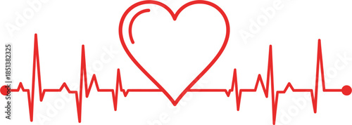 Red heart shape with electrocardiogram pulse line vector illustration representing medical health, cardiology, life insurance, fitness tracking, and romantic love concepts.