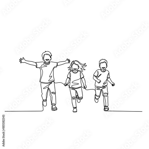 Joyful Children Running Together in Continuous One Line Art Drawing Style
