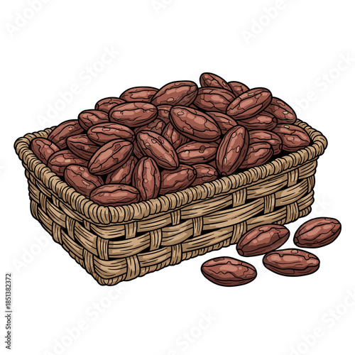 Hand-Drawn Cocoa Beans in Woven Basket Illustration on White Background, Raw Cacao Seeds for Chocolate Production