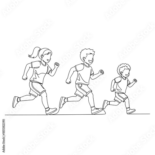 Continuous Line Art of Three Happy Children Running Together, Energetic Kids Playing, Minimalist Black and White Vector Illustration of Childhood A...