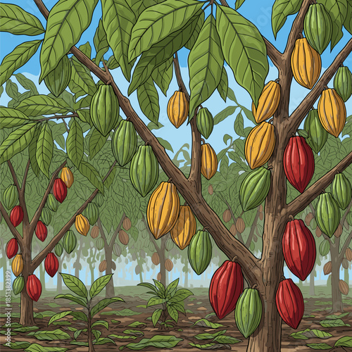 Lush Cocoa Plantation with Ripe and Unripe Pods on Trees, Tropical Agriculture and Chocolate Production Theme