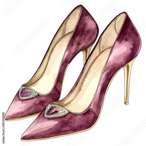 Elegant Burgundy Velvet High Heel Pumps with Gemstone Brooch

