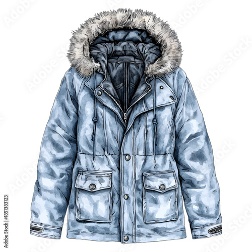 Blue Winter Parka Jacket with Fur Trimmed Hood Vector Illustration
