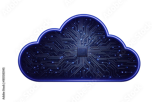 Cloud computing data storage and network security with abstract circuit board technology on transparent background